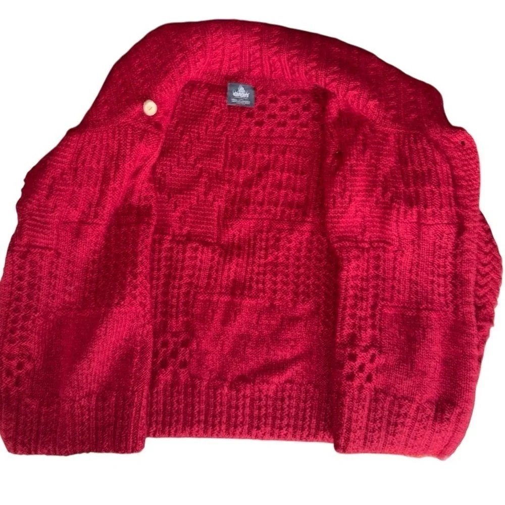 Aran Red Wool Cardigan Irish Patchwork Wrap Button Collar Merino XL